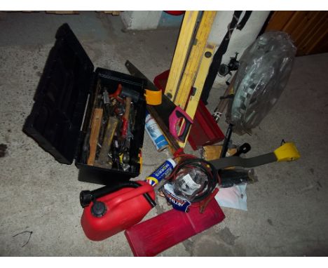 A SELECTION OF TOOLS, GLOVES ETC.