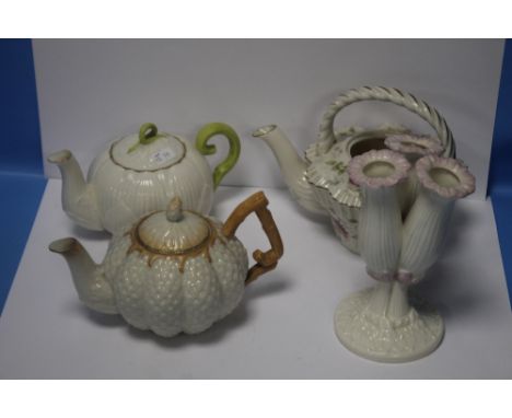 THREE BELLEEK TEAPOTS, ONE MISSING LID, TOGETHER WITH A BELLEEK VASE, ALL WITH BLACK STAMP TO BASE Condition Report: One teap