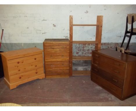 THREE CHESTS OF DRAWERS AND A PINE STORAGE SHELF