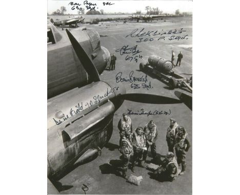 WW2 six Bomber Command Lancaster veterans signed 7 x 5 inch b/w photo of Lancasters on ground. Signed by Flt Lt Boris Bresslo