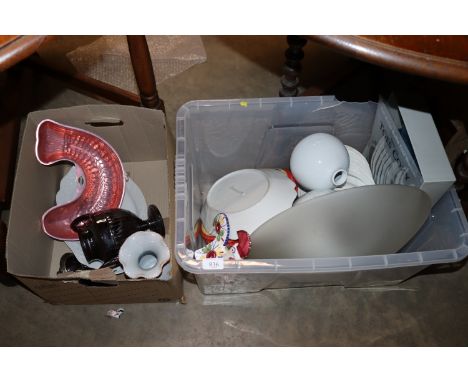 A collection of various pottery, glass lamp shade, foot warmer etc. 
