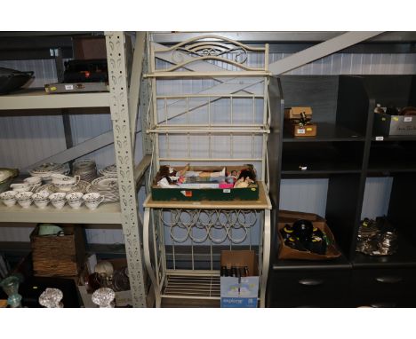 A modern metal and wooden shelf unit with integral wine rack
