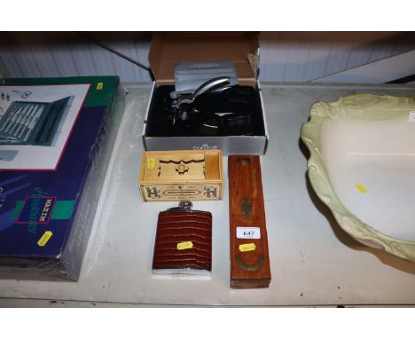 A Bar Craft cork screw, a hip flask, a pencil box and a puzzle box