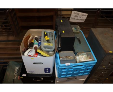 Two boxes containing various spray paint, tools, fittings etc