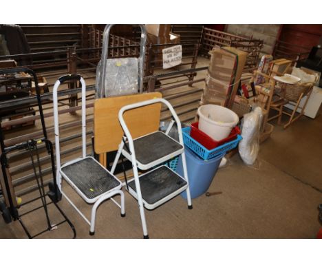 A large quantity of various sundry items including step stool, step ladder, various plastic tubs, Christmas tree
