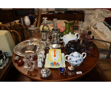 A Crocus pattern cheese dish in the style of Clarice Cliff, various glass candle sticks, decanters, plated ware, agate snuff 