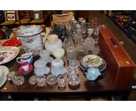 A Victorian slops pail, various glass light shades, decanters, decorative plates, chamber stick etc.