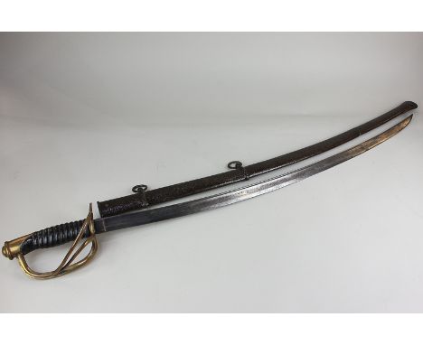 A Light Cavalry Troopers sabre with brass hilt and leather grip, with scabbard