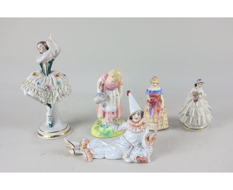 Two Continental porcelain and lace figures, two Royal Doulton porcelain girls, Mary Mary HN2044, and Bridesmaid M12 (a/f), an