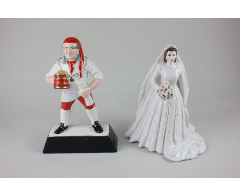 A Carlton Ware pottery figure of a man holding a tankard, together with a Royal Worcester porcelain model of Queen Elizabeth 