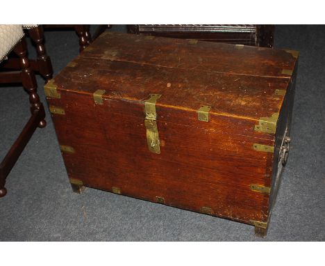 A brass mounted wooden trunk with iron carry handles, 70cm