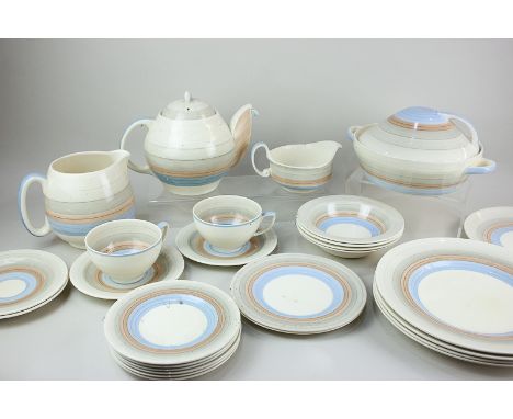 A Susie Cooper for Crown Works Burslem Art Deco part tea and dinner service with blue, orange and grey striped decoration on 