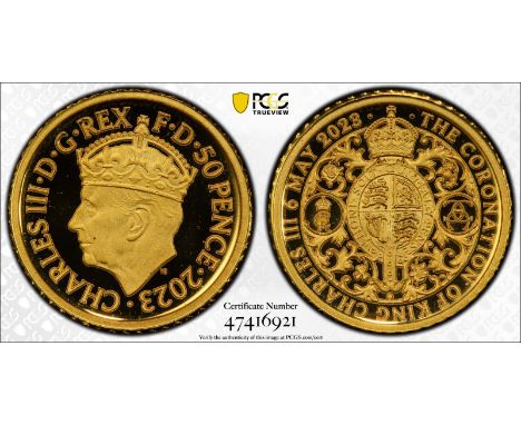 UNITED KINGDOM. Charles III, 2022-. Gold 50 pence, 2023. Royal Mint. Proof. Coronation of King Charles IIICrowned portrait of
