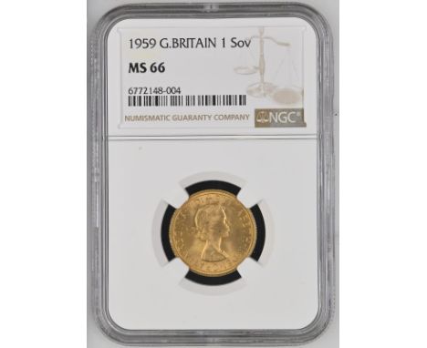UNITED KINGDOM. Elizabeth II, 1952-2022. Gold sovereign, 1959. Royal Mint. First, laureate head of Elizabeth II facing right;