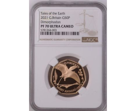 UNITED KINGDOM. Elizabeth II, 1952-2022. Gold 50 pence, 2021. Royal Mint. Proof. Features Dimorphodon, the first winged repti