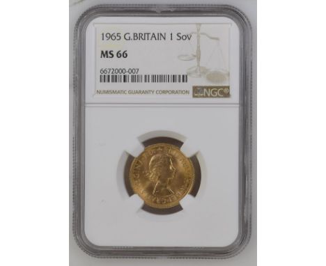UNITED KINGDOM. Elizabeth II, 1952-2022. Gold sovereign, 1965. Royal Mint. First, laureate head of Elizabeth II facing right;