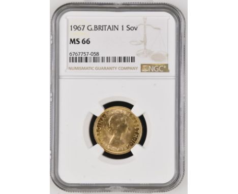 UNITED KINGDOM. Elizabeth II, 1952-2022. Gold sovereign, 1967. Royal Mint. First, laureate head of Elizabeth II facing right;
