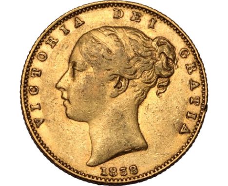 UNITED KINGDOM. Victoria, 1837-1901. Gold sovereign, 1838. London. First young head of Victoria facing left, hair tied in fil
