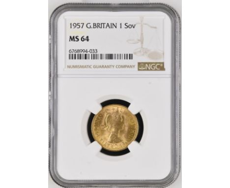 UNITED KINGDOM. Elizabeth II, 1952-2022. Gold sovereign, 1957. Royal Mint. First, laureate head of Elizabeth II facing right;