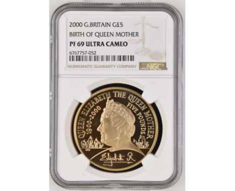 UNITED KINGDOM. Elizabeth II, 1952-2022. Gold 5 pounds (crown), 2000. Royal Mint. Proof. Celebrating the 100th birthday of Qu