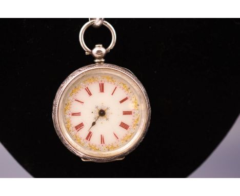 A silver open face pocket watch with foliate engraved case and a ceramic floral dial. With a silver heavy link albert chain. 