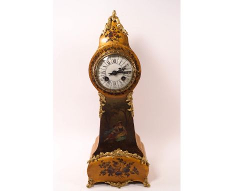 A French miniature longcase clock, painted in the Vernis Martin style, the eight day movement striking 1/2 and full hours on 