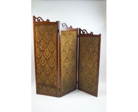 An Edwardian mahogany three fold room screen with tapestry style panels, 183cm high x 146cm wide