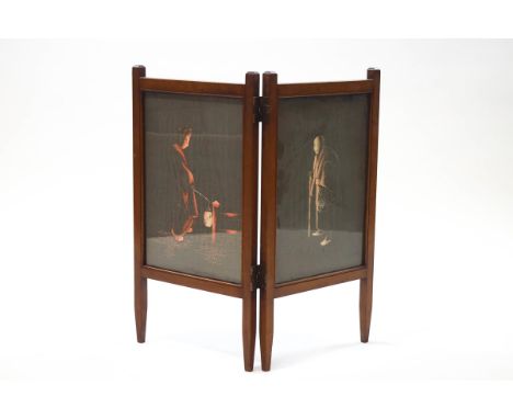 An Edwardian mahogany two fold firescreen inset with Japanese silkwork panels of a Geisha holding a lantern and a man with a 