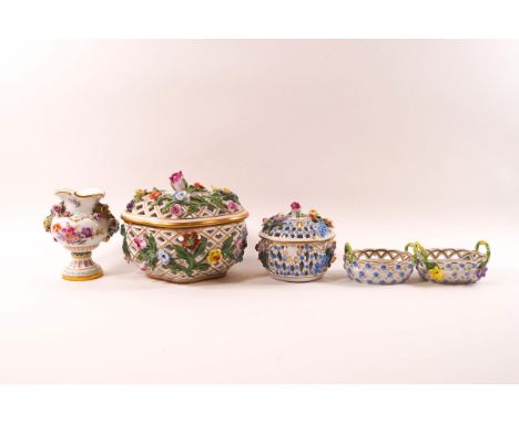 A collection of 20th century Dresden porcelain with floral encrusted decoration: a pierced pot pourri pot and cover, 11.5cm h