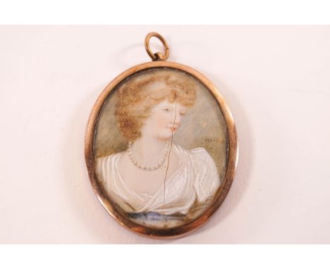 Early 20th century School, portrait miniature of a lady, watercolour on ivory, 6cm x 5cm (damaged)   