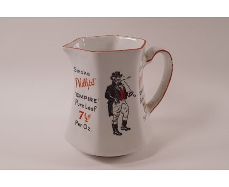 An earthenware advertising jug - 'Smoke Phillips', with transfer printed design of a gentleman and his pipe, 13cm high