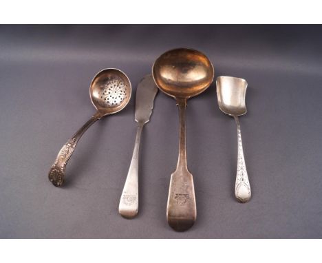 A silver sugar caster, Sheffield 1905, together with a Victorian silver ladle, a silver sugar spoon and a silver butter knife