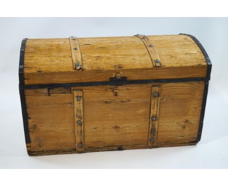 A pine dome trunk with metal mounts, 45cm high x 80cm wide x 43cm deep