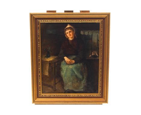 English school, 19th century, Portrait of a lady seated by a table, oil on canvas, 53cm x 43cm