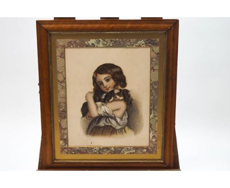 Victorian school, Portrait of a young girl and her dog, watercolour, 34cm x 27cm, in un-glazed maple frame