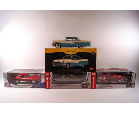 Four boxed 1:18 scale model cars, An Auto World 1957 Chrysler 300C and a 1937 Cord 812 convertible, boxed, together with Mais