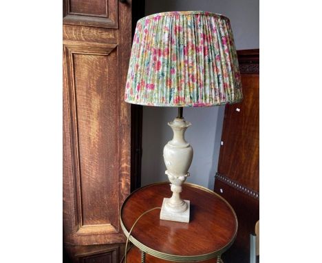 Heavy cream Marble based lamp with ruched and frilled cotton shade lined in white sateen fabric (Possibly Liberty of London) 