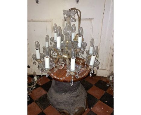 1x 12  light 20c Chandeliers may be one or two missing drops. A moulded glass eight branch/twelve light electrolier, late 20t