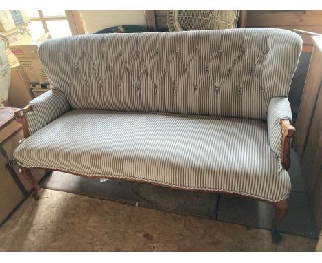 A walnut two seater drawing/bed room sofa, scroll carving, raised on cabriole legs. 85cm H x 156cm W x 59cm D  Piping needs a