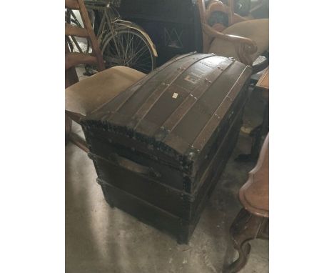 large&nbsp; 3' wide x 2' (approximately)&nbsp; unbranded, vintage dome topped travel trunk with wood and metal banding and&nb