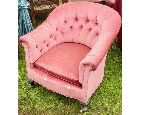A Victorian mahogany tub chair, velvet upholstered button back, scrolling arms, raised on ogee feet and saber supports on bra