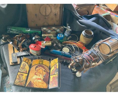 Two boxes of collectible items plus bagatelle board including tins, measures, tools, a horse and cart, cast iron swan kettle,