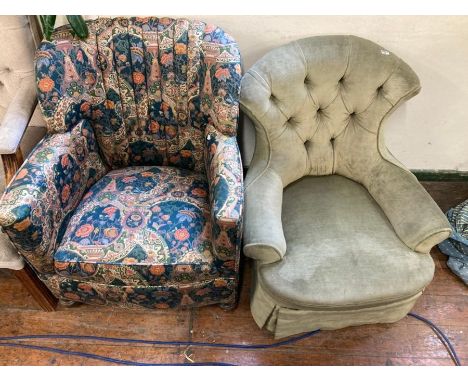 Nursing chair with button back on castors in green draylon with faded blue loose cover.&nbsp; with one other chair
