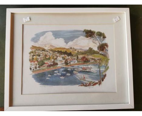 A watercolour signed by Peter Arnold of a New Zealand Harbour Scene (Frame: 50cm x 40cm)A watercolour signed by John Grant of