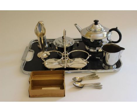 A plated Art Deco twin -handled sugar basin and cream jug, a similar "Mawston" teapot, tray and other plated pieces