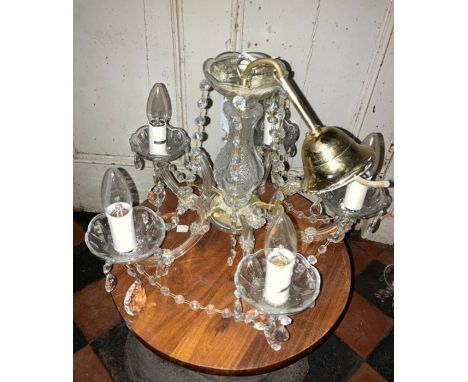 2 x 5 branch 20c Chandeliers may be one or two missing drops.&nbsp;moulded glass 5 branch light electrolier, late 20th&nbsp;c