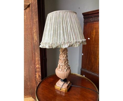 Pale peach based lamp with relief flower detail and ruched and frilled cotton shade lined in white sateen fabric (Possibly Li