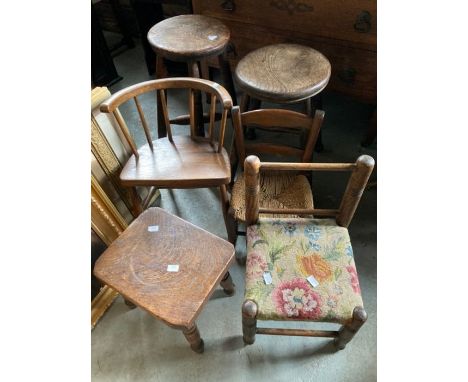 3 Oak and elm milking stools and 3 children's chairs.&nbsp; Three solid wood stools as per photographs, two round one rectang