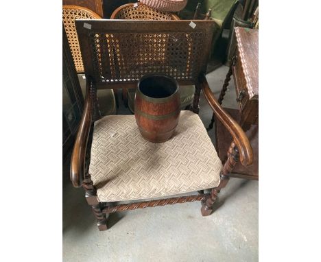 &nbsp;Cane backed and upholstered seat hall chair and console table.&nbsp; Small oak barrel with brass banding. (3)