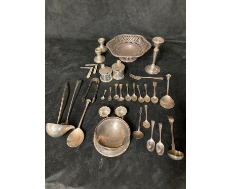 A good Selection of Hallmarked Silver items including 2 pen Knives, a collection of various spoons, Ladle, Salts and candle s